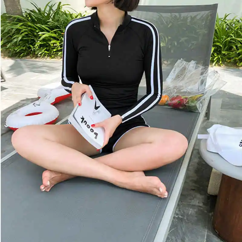 Hot Long Sleeve Rash Guard Women Two Pieces Swimsuit Zipper Swimwear Striped Surfing Suit High Neck Diving Suit Bathing Suit