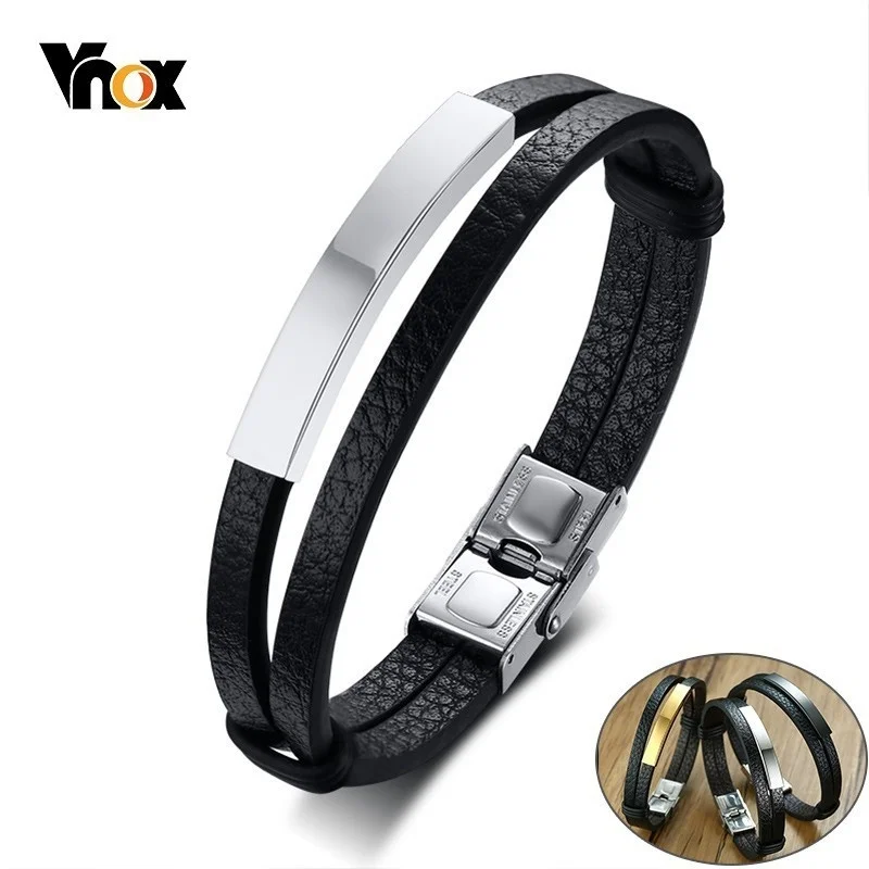 Vnox Mens ID Tag Bracelets Stylish Black Genuine Leather Double Layers Wrap pulsera masculina 8.26