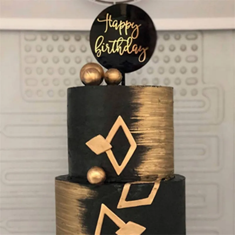 New/ Round Happy Birthday Cake Topper Hot Stamping Acrylic Letter Cake Top Flag Decoration for Boy Girl Birthday Party Supplies
