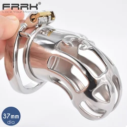 FRRK Large Male Chastity Device Cock Cage Metal Bondage Belt Scrotum Groove Lock Penis Rings Fetish Lockable Sex Toys for Men