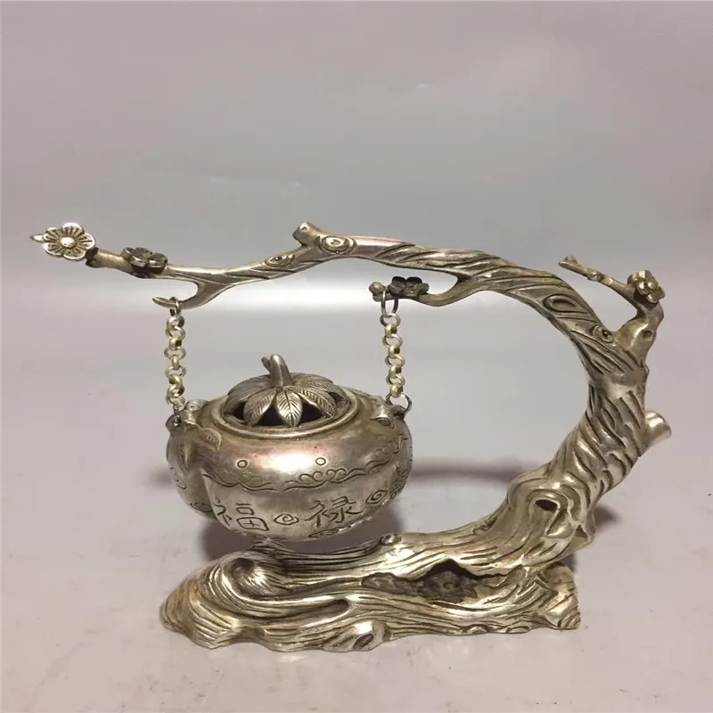 

Chinese Tibetan Silver Carving Blessing Longevity Buddhist Incense Burner Hanging Furnaces Bronze Carvings Fengshui Decoration