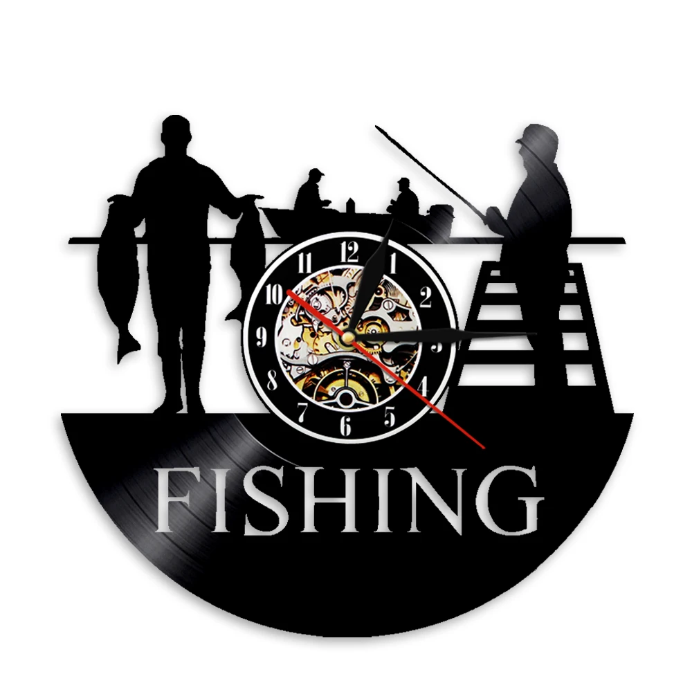 Go Fishing Art Decor Wall Clock Fisherman Modern Design Vinyl Record Hanging 3D Watches Unique Handmade Gift For Sea Humter