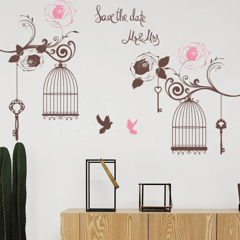 Rose Flower Branch Bird Cage Wall Sticker Living Room Background Decals Bedroom Home Decoration self-adhesive Beautify Wallpaper