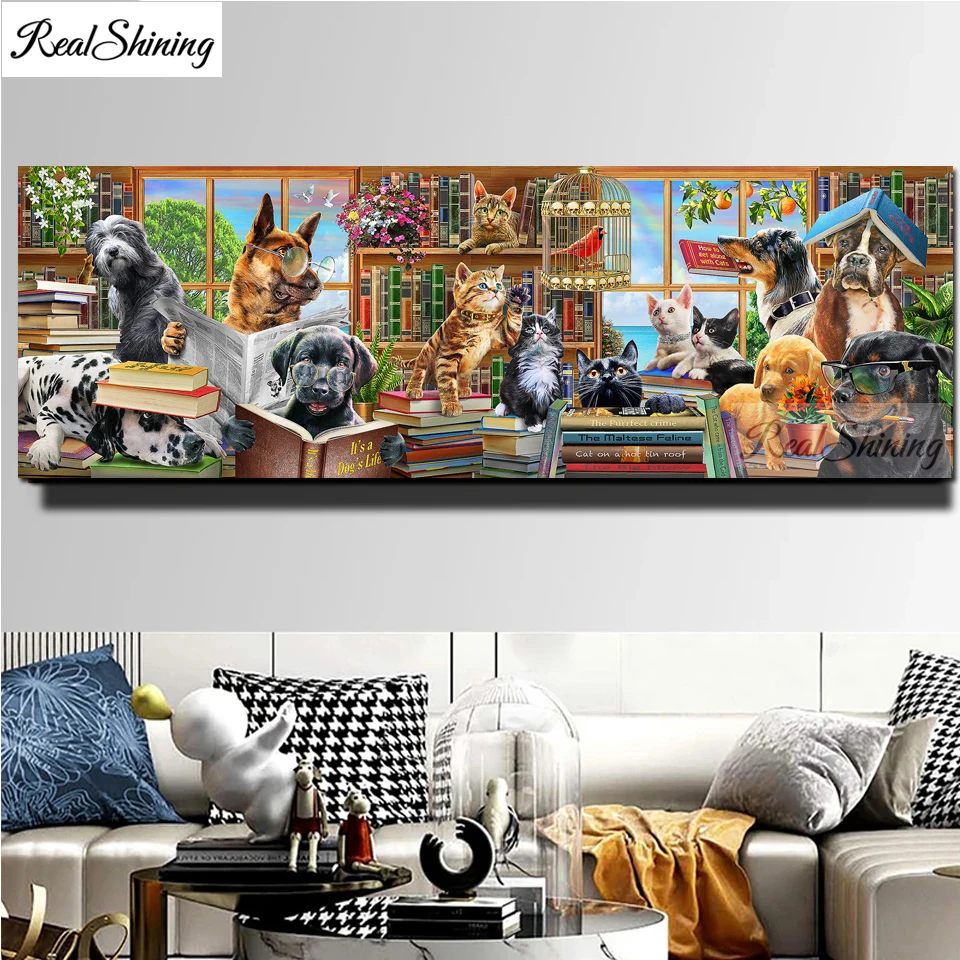 

Full Drill Diamond Painting Animals dogs and cats read books in library Diamond Art Mosaic Diamond Embroidery Home Decor T878