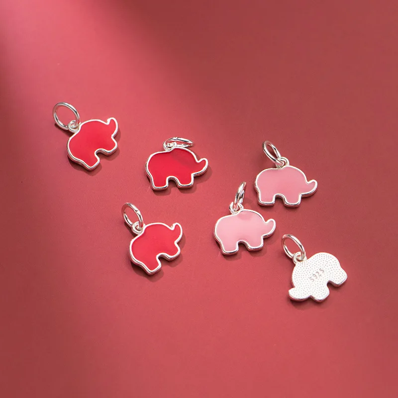 925 Sterling Silver Craftwork Pink/Red Color Elephant Women Charms Pad Design S925 Silver Pendant Necklace DIY Jewellery Make