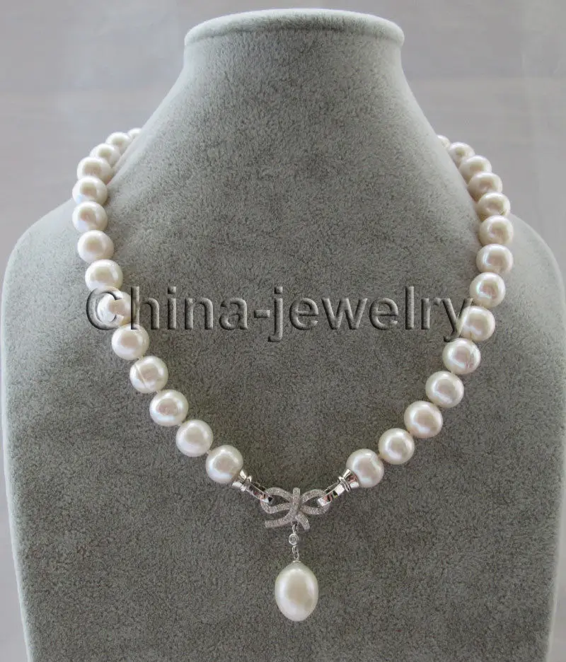 

18" 9-10mm natural white round freshwater pearl necklace - 11-14mm drip pearl