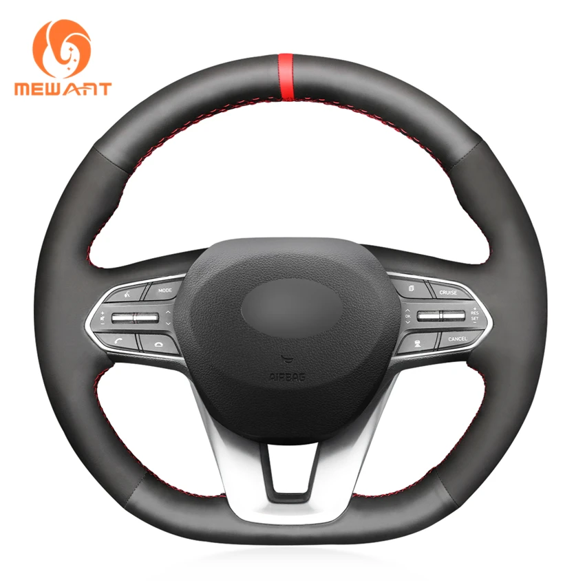 

MEWANT Black Genuine Leather Suede Hand Sew Car Steering Wheel Cover For Hyundai Santa Fe 2019-2020 Palisade 2020