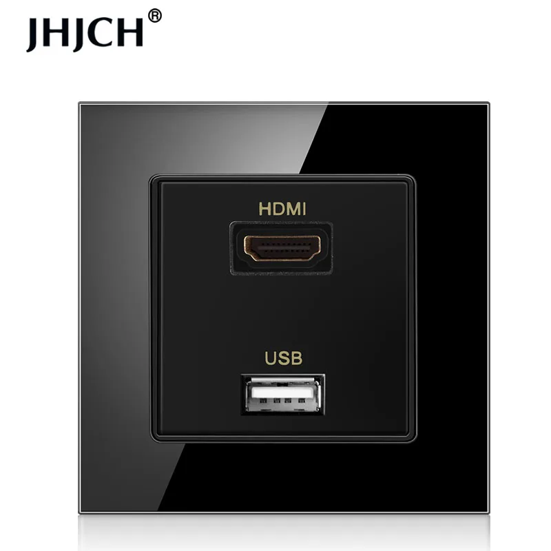 JHJCH hdmi compatible crystal tempered glass panel with 2.0 USB port 2.0 jack wall socket