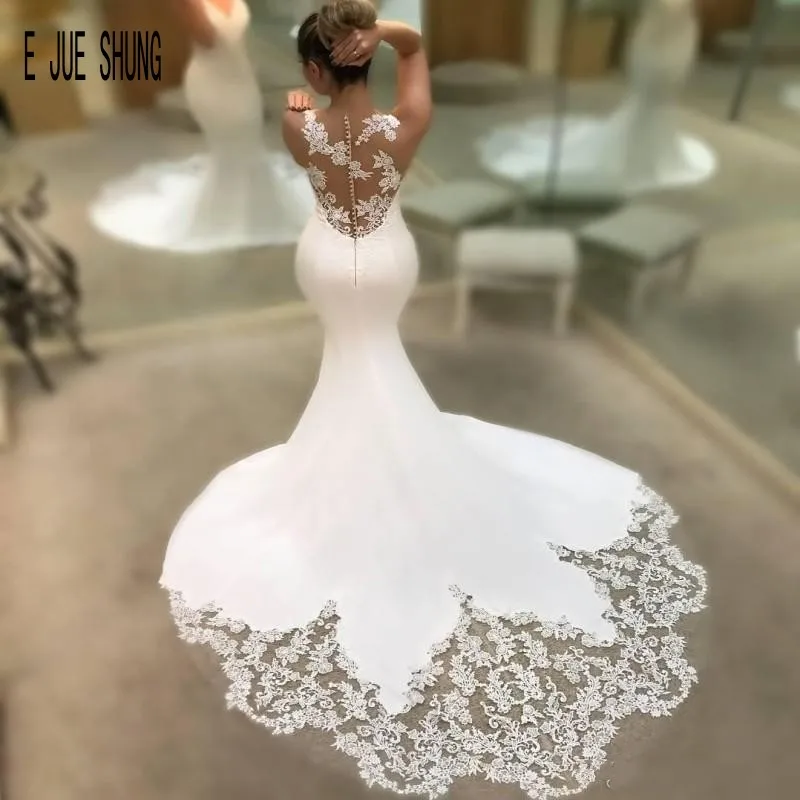 E JUE SHUNG Sexy V Neck Mermaid suknie ślubne bez rękawów Sheer przyciski koronka z tyłu aplikacje suknie ślubne vestido de novia