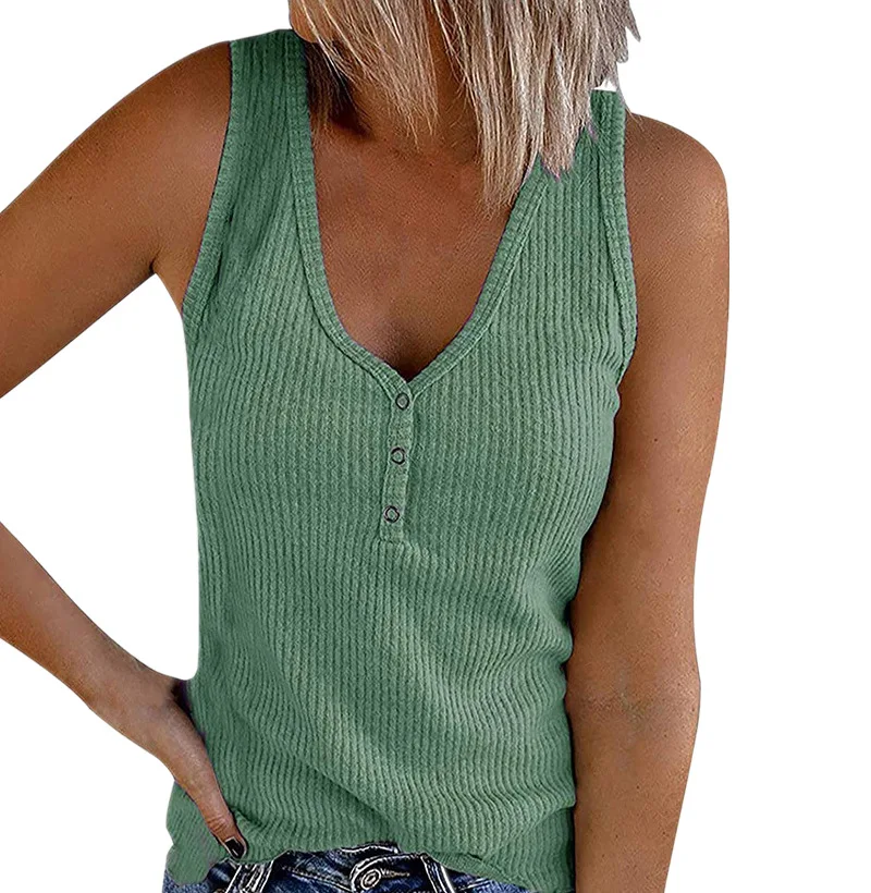 Summer Buttons Tank Top Women Camisole T-shirt Solid V-Neck Sleeveless Knitted Sexy Casual Plus Size Tee Shirt Femme T-shirts