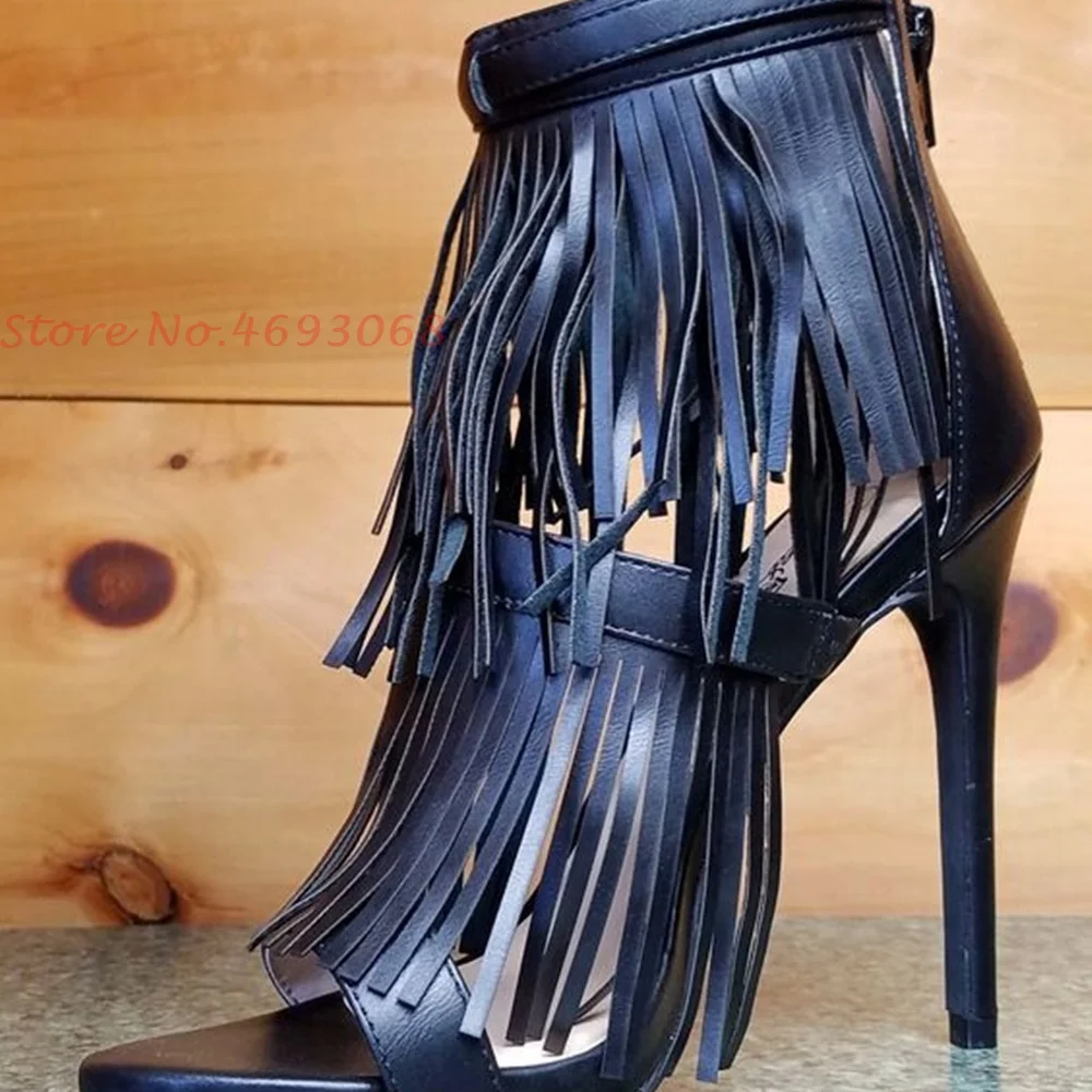 

Leather Fringes High Heels Sandals Sexy Female Pumps Stiletto Heels Round Toe Sexy Banquet Party Casual Shoes Fashion Women