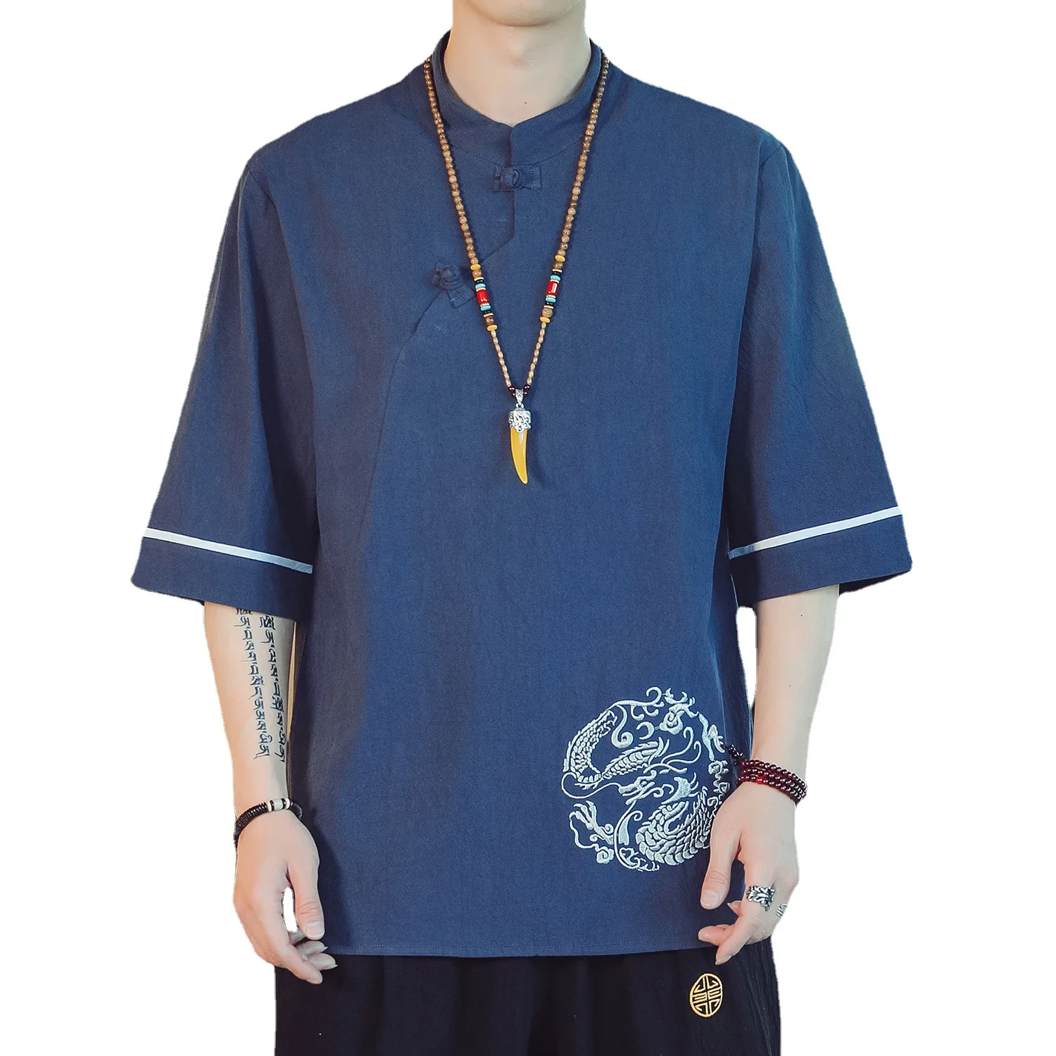 Chinese Style Summer Embroidered Thin Linen T-shirt Young Men&#39;s Large Size Short Sleeve Casual T-shirt