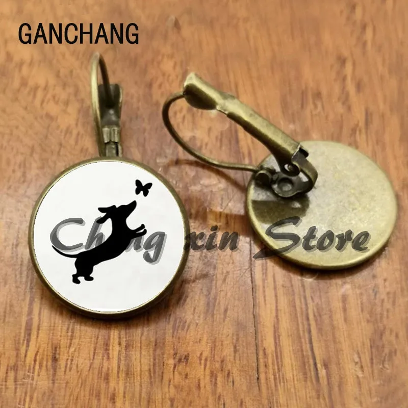 Cute Sausage Dog, Dachshund Dog Earrings Simple Hound Silhouette Art Glass Earrings Cute Dog Portrait Picture Earrings Gift