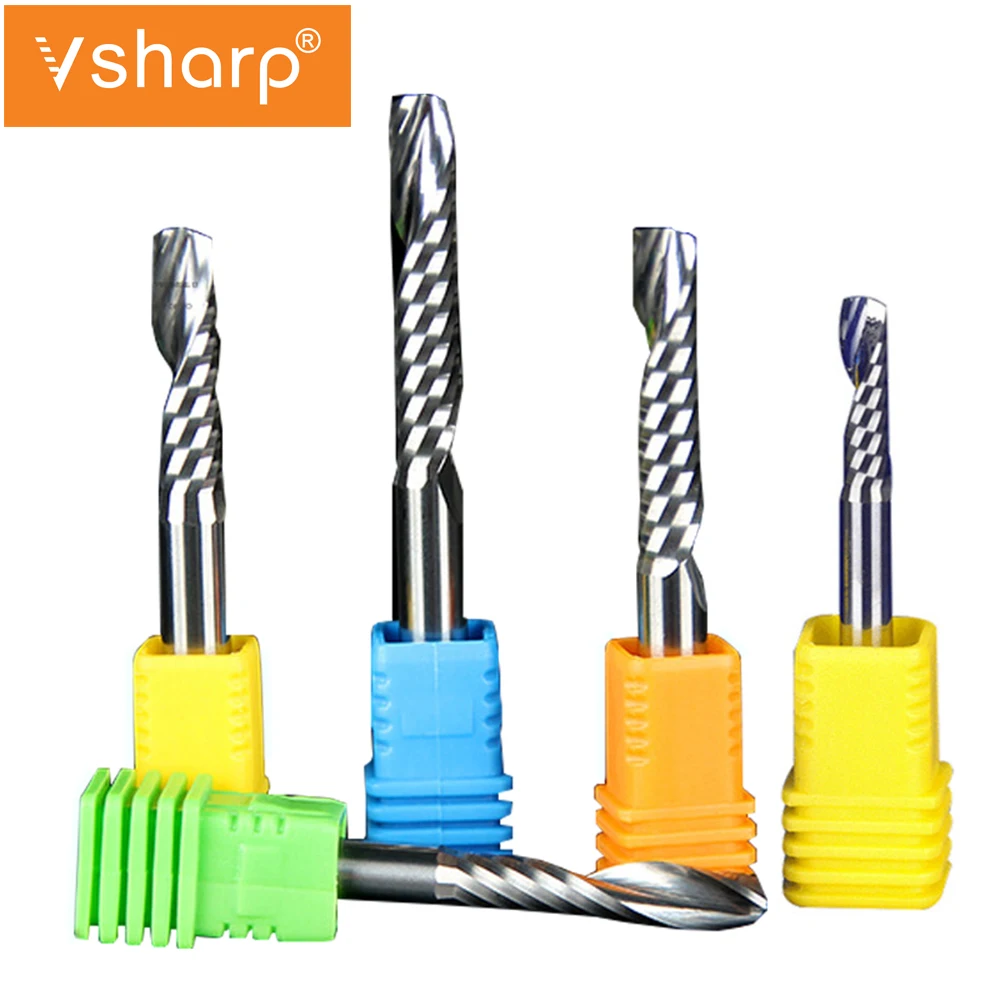 Vsharp-Espiral CNC Fresa, Gravura De Carboneto De Tungstênio, Ferramentas De Moinho De Fim, Bits Router para Madeira, PVC, 1 Flauta, 6mm, 8mm