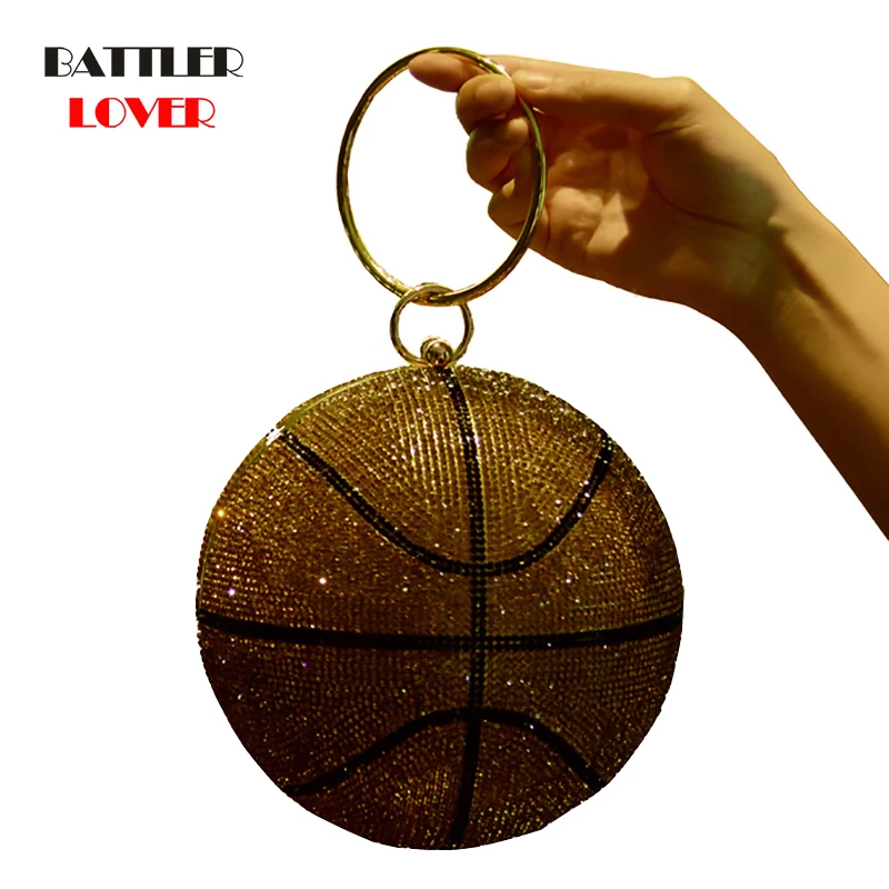 3D Diamond Basketball Round Ball Gold Clutch Purses For Women 2022 Evening Rhinestone Handbags Ladies Party Dinner Totes Bag