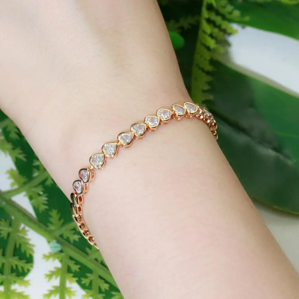 BeaQueen Lovely Heart Cubic Zirconia Beads Romantic 585 Gold Color CZ Stones Tennis Bracelets Women Wedding Jewelry Gift B213