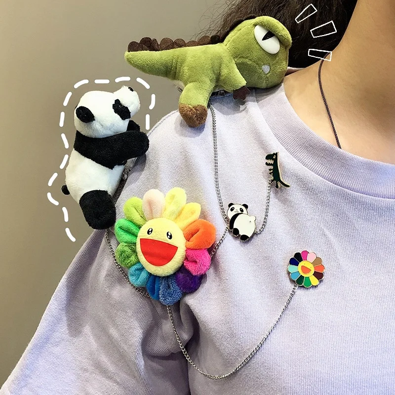 Brooch Pin Mini Plush Panda Dinosaur Breastpin Animal Toys Gift for Winter Girls Family Friends Backpack Clothes Bags Sunflower