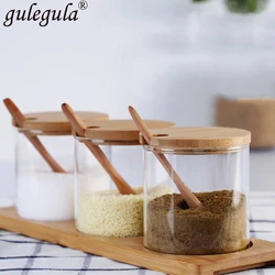 Kitchen Spice Tool Glass Bottle Sugar Salt Storage Jar Spice Jar With Wooden Spoon Kitchen Accessories Spice Rack Spice Box