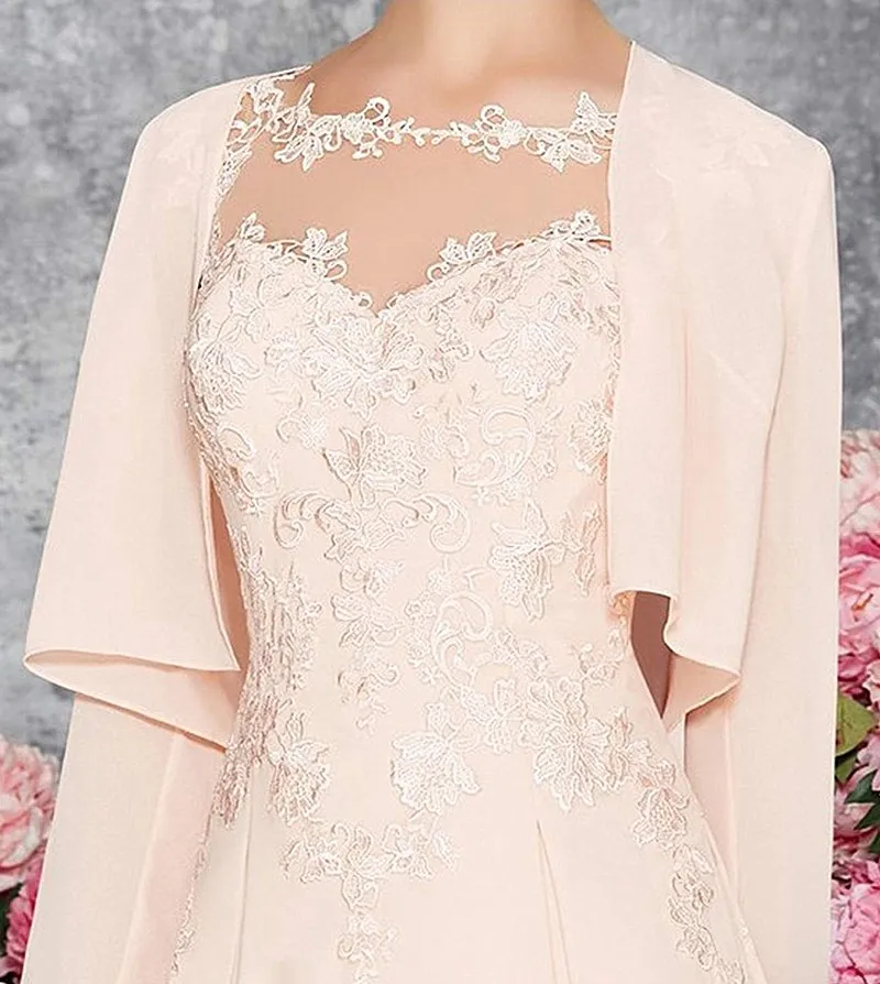 Simples mãe da noiva vestido na altura do joelho sem mangas elegante blush 2020 jaqueta de renda applique vestido de noite