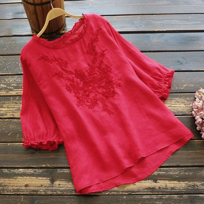 Cotton Linen Summer Top Plus size Shirt Elegant Female Blouse Women Ruffle Ladies Embroidered Tees Clothes Loose Casual