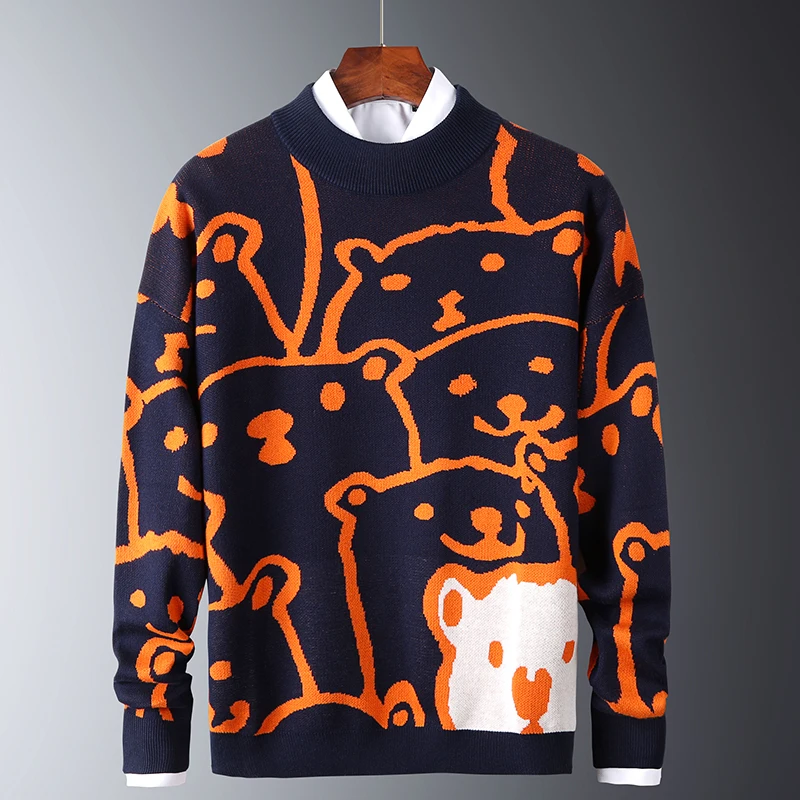 Mens Autumn Casual Christmas Sweaters Polar Bear Pattern Trendy Slim Sweaters Cotton Long Sleeve Round Collar Warm Pullovers