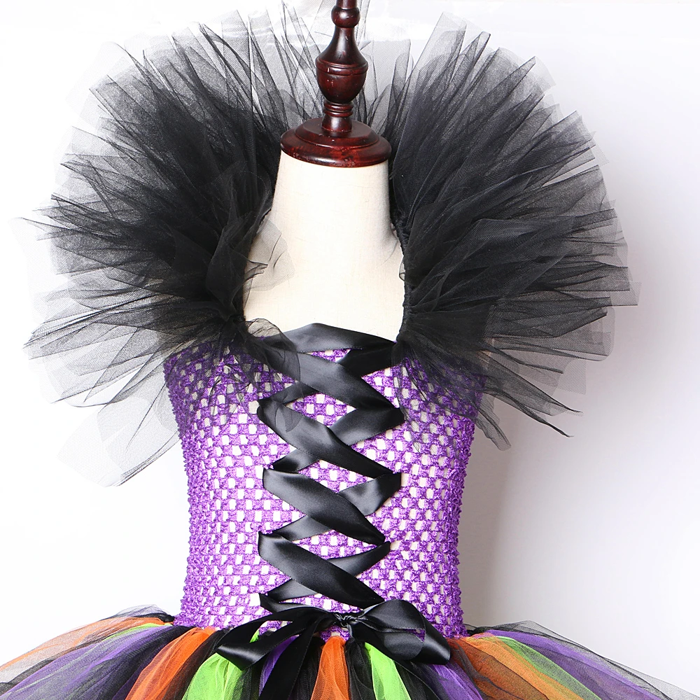 Alta baixa bruxa tutu vestido para meninas trajes de halloween para crianças cosplay vestidos de festa com chapéu vassoura crianças arrastando roupas