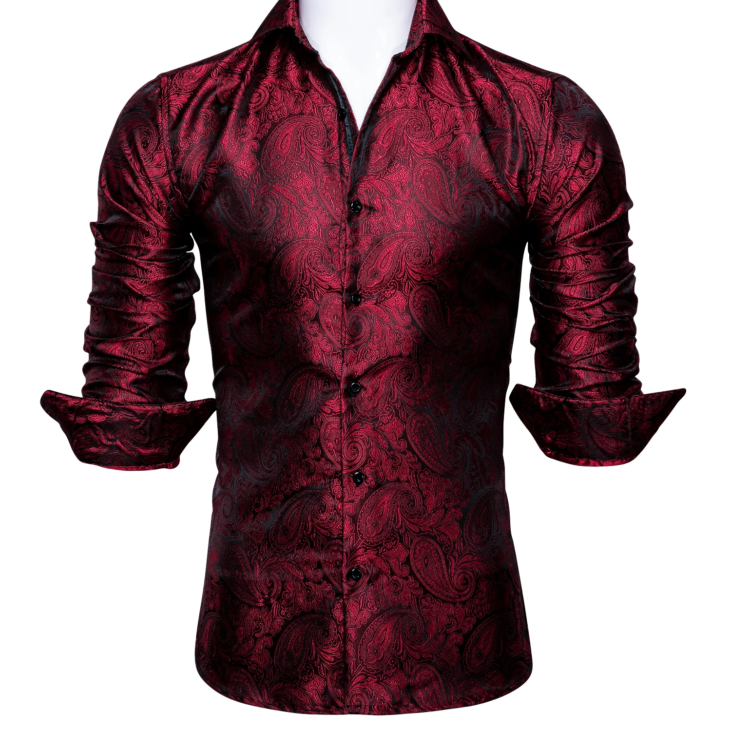 Barry.Wang-camisas de seda de Cachemira roja de lujo para hombre, camisas de manga larga informales con flores, camisas de vestir ajustadas de