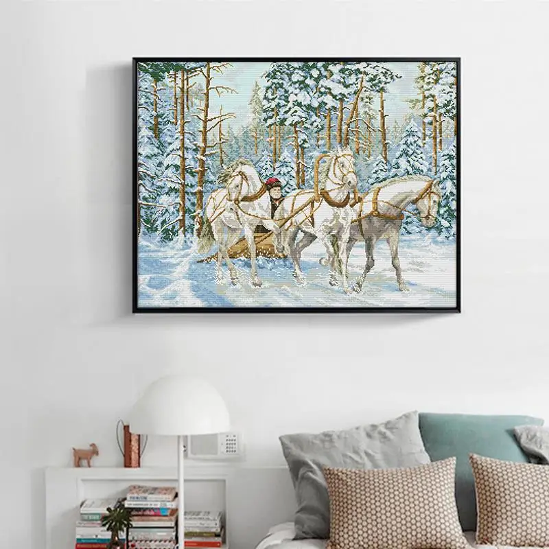 Carriage in the snow Cross-stitch kit Three white horse animals Pattern 14ct11ct count Printed canvas embroidery set DIY crafts