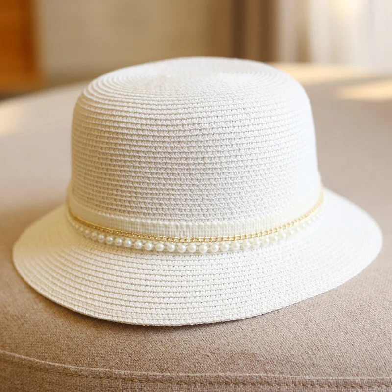 Women's Summer Dome Sun Hats with Pearl Decor Fashion Korean Style Outdoor Straw Woven Hats Beach Hats Casual Bucket Hats