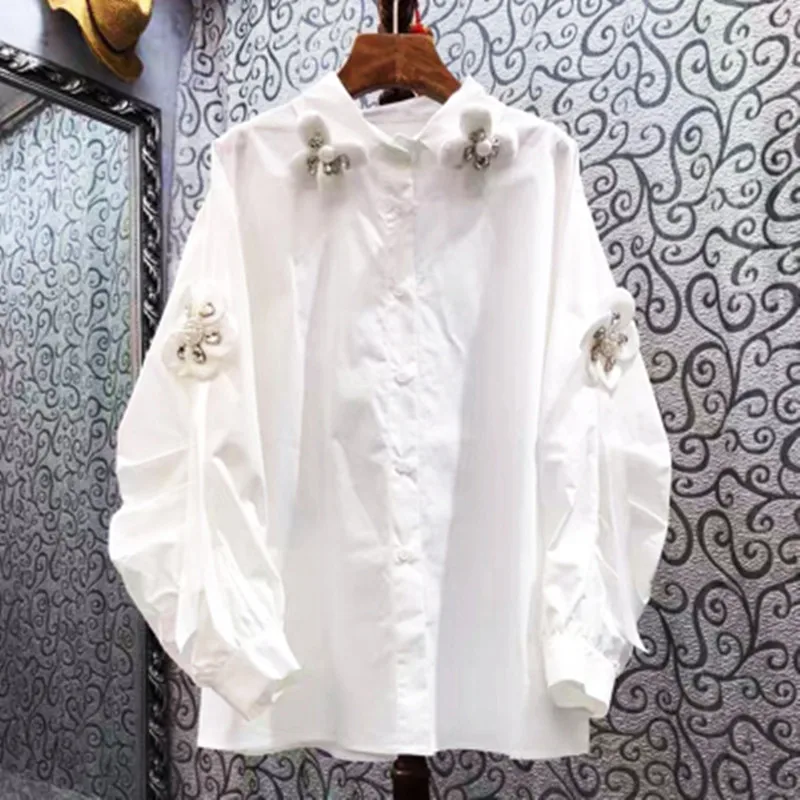 Vintage Three-Dimensional Flower Long-Sleeved Polo Collar Top Spring Women's New Fashion Fashion Simple White Blouse Shirt