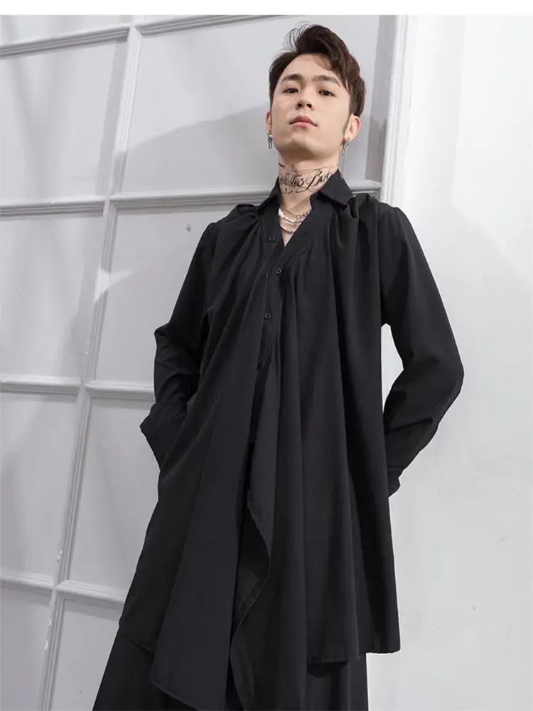 

Men's Long-Sleeve Shirt Spring And Autumn New Irregular Personality Solid Color Lovers With Leisure Large Shirt