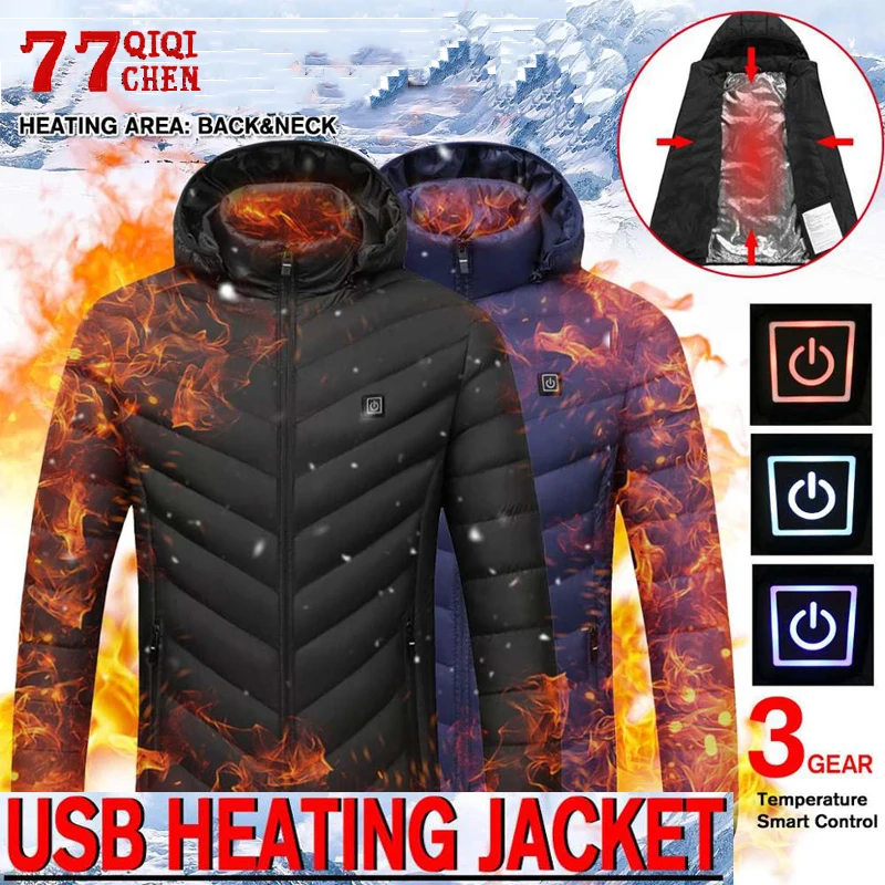 Chaqueta con calefacción térmica para hombre, abrigo de manga larga con USB, con capucha, para exteriores, invierno, 2021