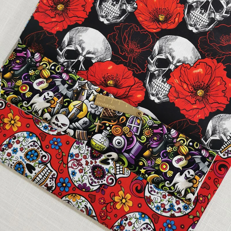 Cotton Sugar Skull Cotton Digital Printed Halloween Fabric Muslin for Quilting DIY Handmade By The Half Meter