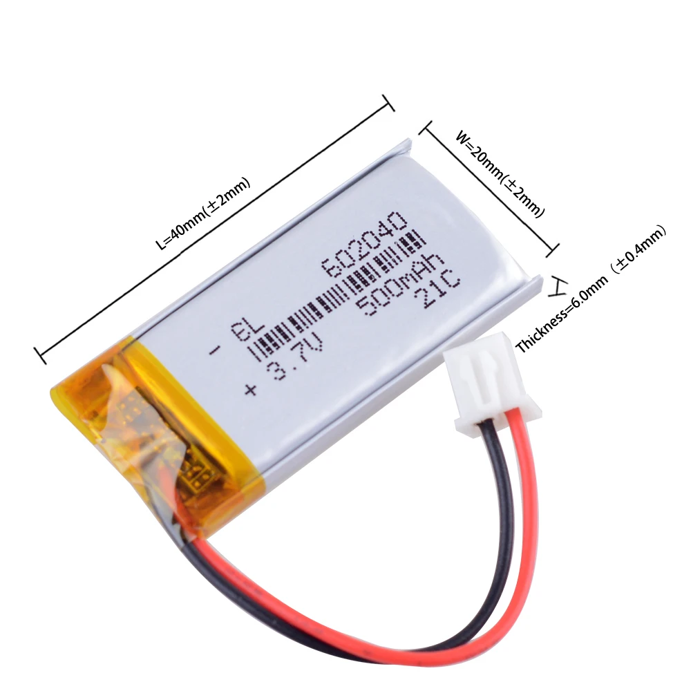 JST2.54mm 2pin 500mAh 602040 3.7V Rechargeable Lithium Li-ion Polymer Battery for MP3 point reading pen scan