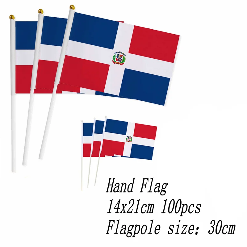 Dominican Hand Flag 14*21cm 10/20/50/100pcs polyester fabrics Dominica Small Hand waving Flag with plastic flagpole for decor