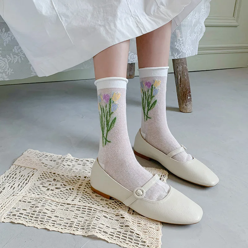 New Summer Lace Mesh Frilly Socks Untra-thin Hollow Out Fishnet Sock Japanese Korean Cozy Cotton Cute Flower Jacquard Cool Socks