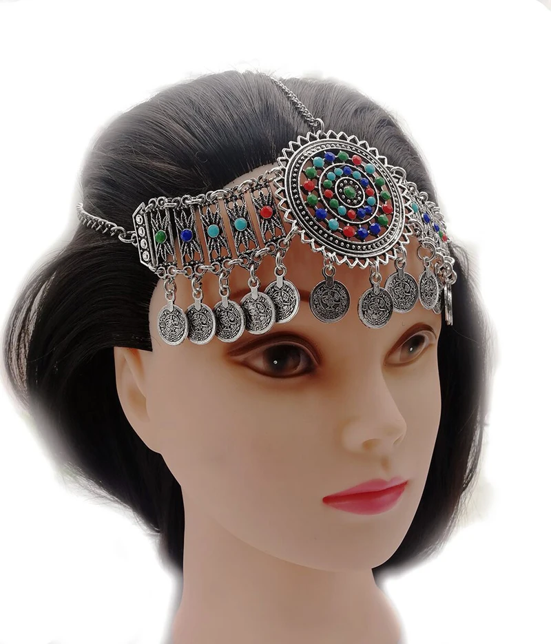 Bohemia Coin Bead Head Chain Headdress Colorful Beads Hair Accessories Gypsy Tribal Ethnic Turkish Egypt India Jewelry Gift