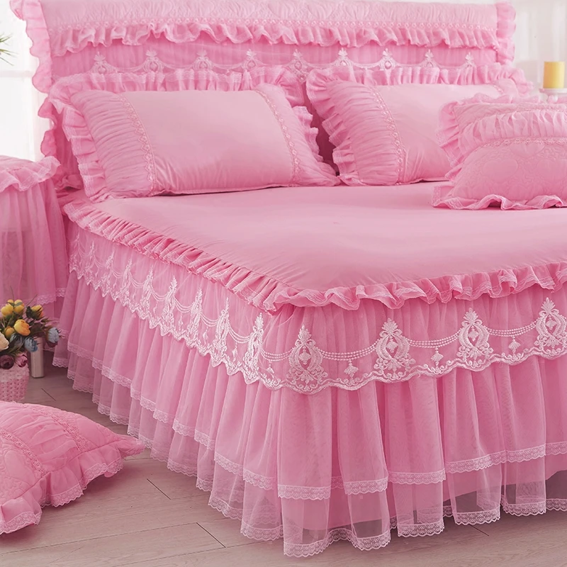 Princess 1 Piece Lace Bed Skirt + 2 Piece Pillowcases Bedding Bedspreads Sheet Pink Lace Bedding Set Bed For Girl Bed Cover