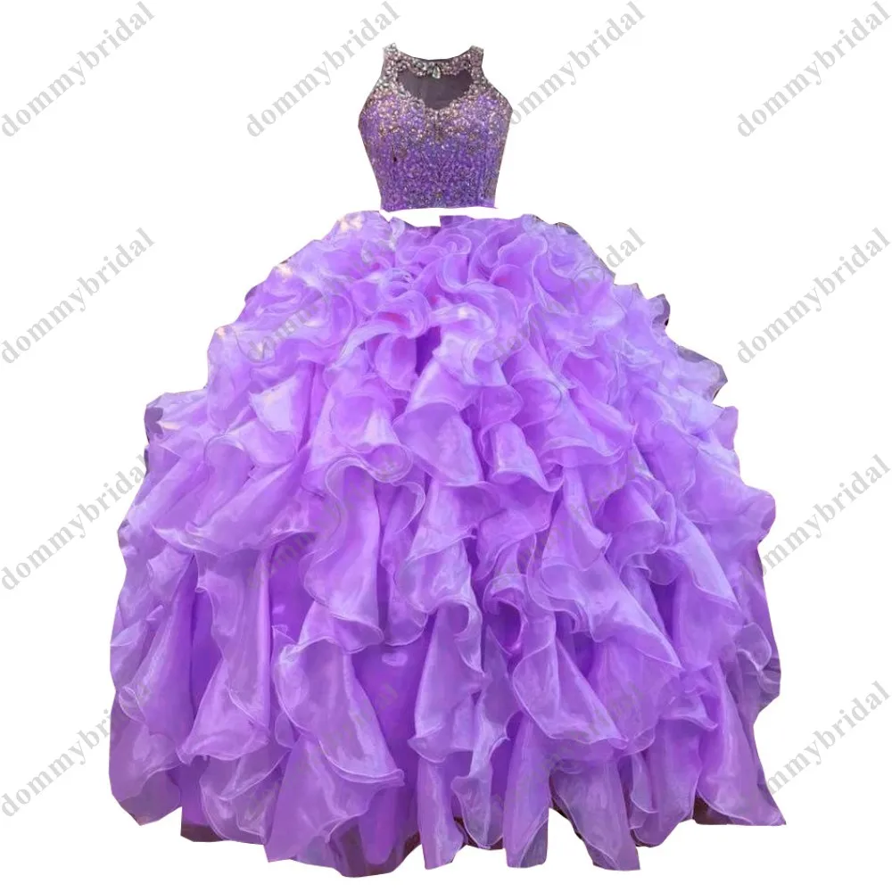 2022 popular hortelã duas peças vestido de baile barato quinceanera vestido sheer neck babados cristal formatura formal vestidos longos