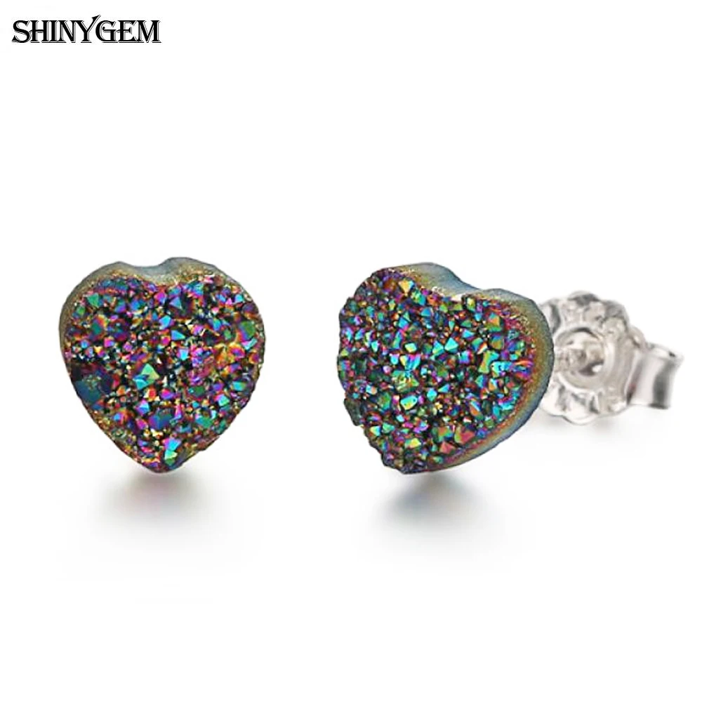 

ShinyGem Fashion 6mm Heart Shape Natural Crystal Druzy Stud Small Sparkling Gem Stone Earrings For Women Jewelry Gifts