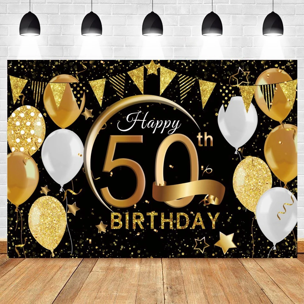 50th Birthday Party Backdrop Custom Black Gold Glitter Balloon Photography Background Golden Baby Banner Cake Table Decoration