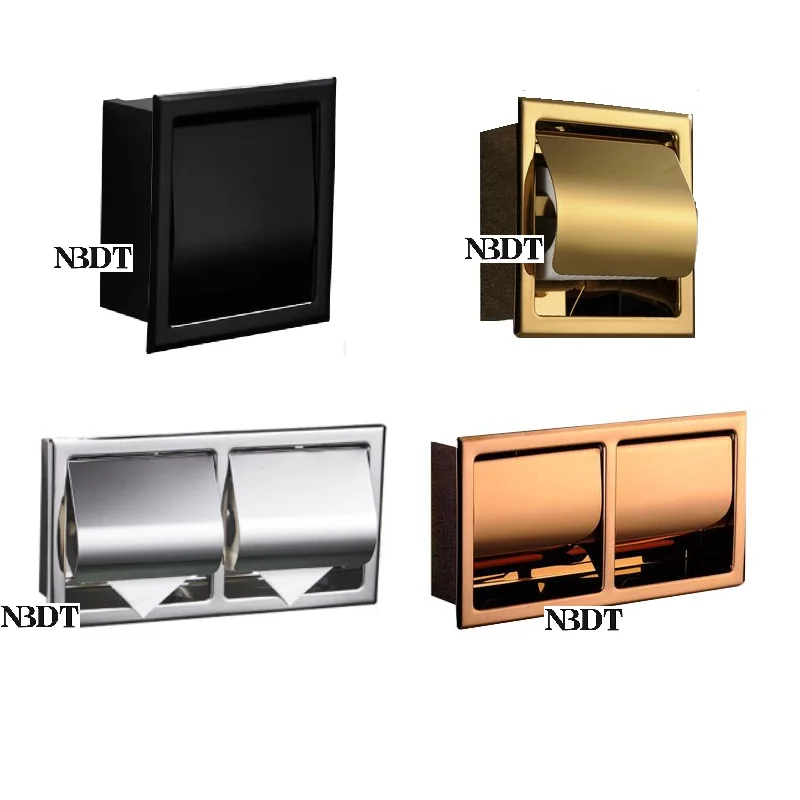 304 Stainless Steel Wall In Recessed Bath Toilet Tissue Roll Reel Paper Holder Tray Rose Gold Matte Black Polished