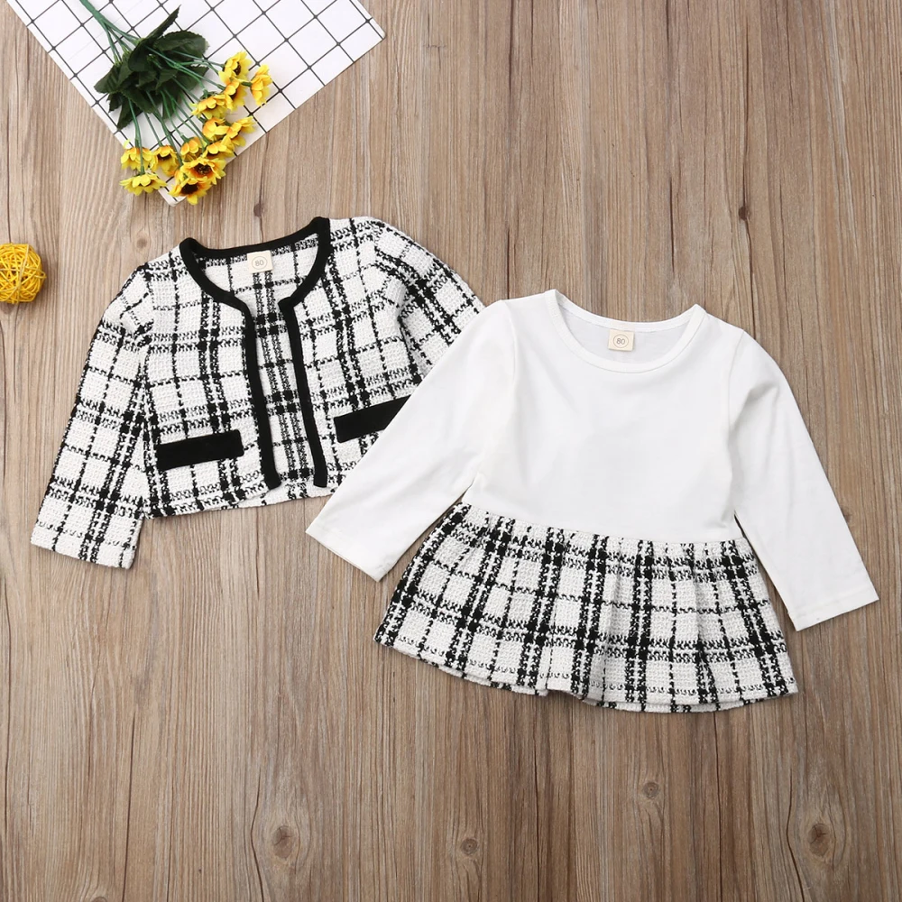 2019 Autumn New 1-6 Year Kids Baby Girls Clothes Set Long Sleeve Plaid Coat Tops+mini Dress 2Pcs Warm Outfits