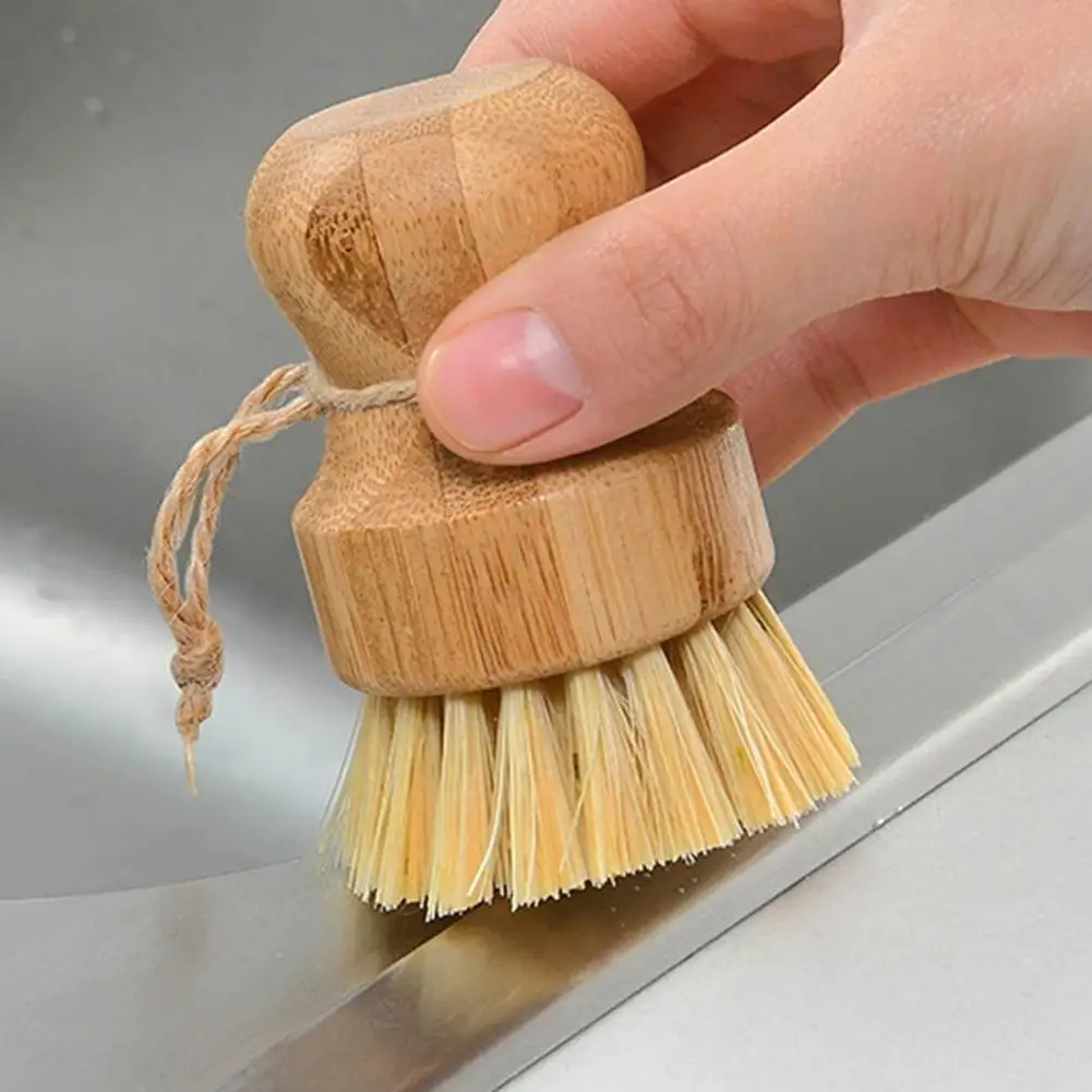 Wooden Bamboo Round Pot Dish Bowl Sink Stove Washing Brush Short Handle Moisture-proof Dishwashing Brush Kitchen Accessories