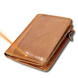 Men Name Engraving Short Wallets Casual Fashion Genuine Leather Male Zipper Purses Coin ID Card Holder Pocket Wallets For Men