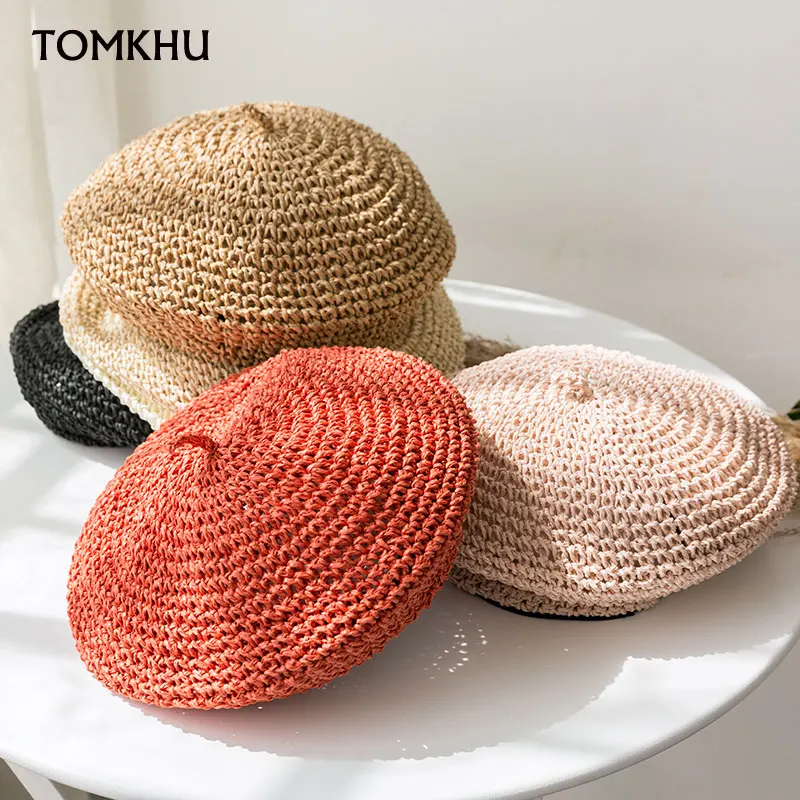 NEW Summer Sun Hats For Women Solid Color Beret Straw Solid French Artist Hat Women Casual Spring Holiday Handmade Cap Beach Hat