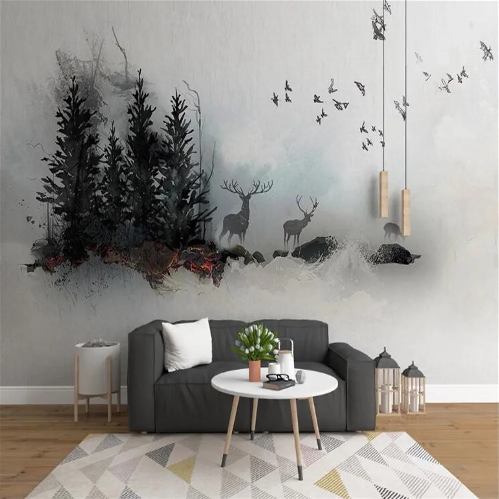 

Milofi custom 3D wallpaper mural artistic conception abstract ink landscape elk bird background wall mural