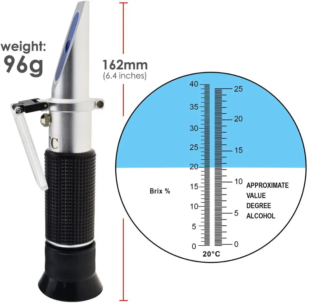 Handheld Wine Alcohol Refractometer with ATC Dual Scale Brix 0-40% 0-25% VOL Optical Tester for Grape Wine Making Winemakers