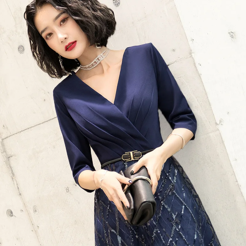 Chính Thức Dạ Hội Cho Nữ Chữ V Thanh Lịch Cổ Kim Sa Lấp Lánh Ôm Dài Đảng Áo Choàng Áo Plus Size Nữ Màu Xanh Đen Dạ Hội vestidos