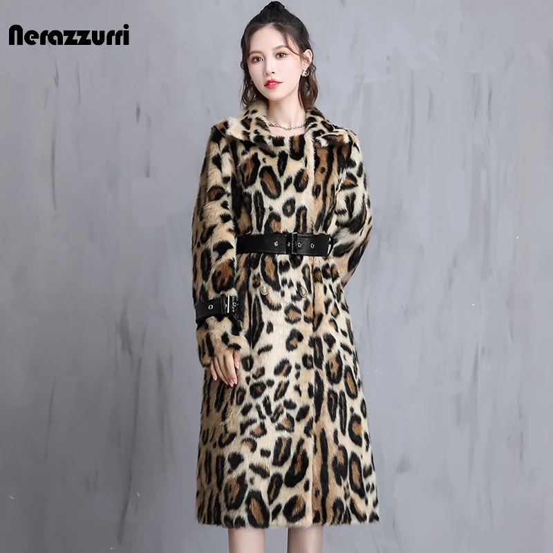 Nerazzurri Winter Long Leopard Print Warm Fluffy Faux Fur Coat Women with Leather Belt Runway Luxury Europen Style Fashion 2021